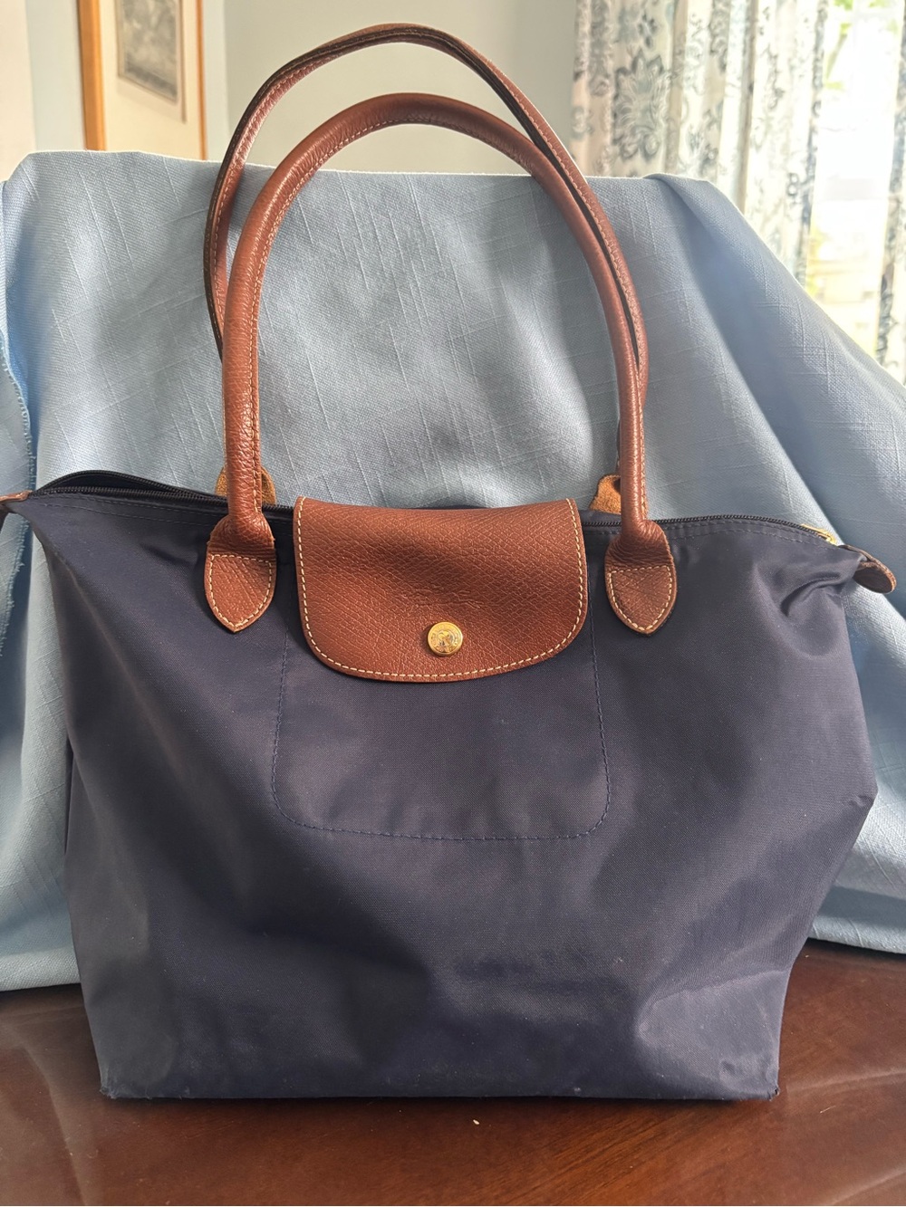 Longchamp Navy Nylon Tote with Brown Leather Trim